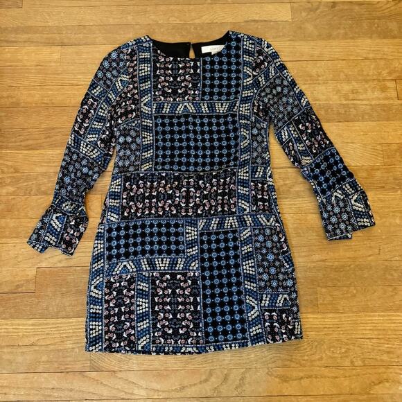 Loft navy and floral flower long sleeve shift mini dress size 0 petite b25 - Picture 1 of 4